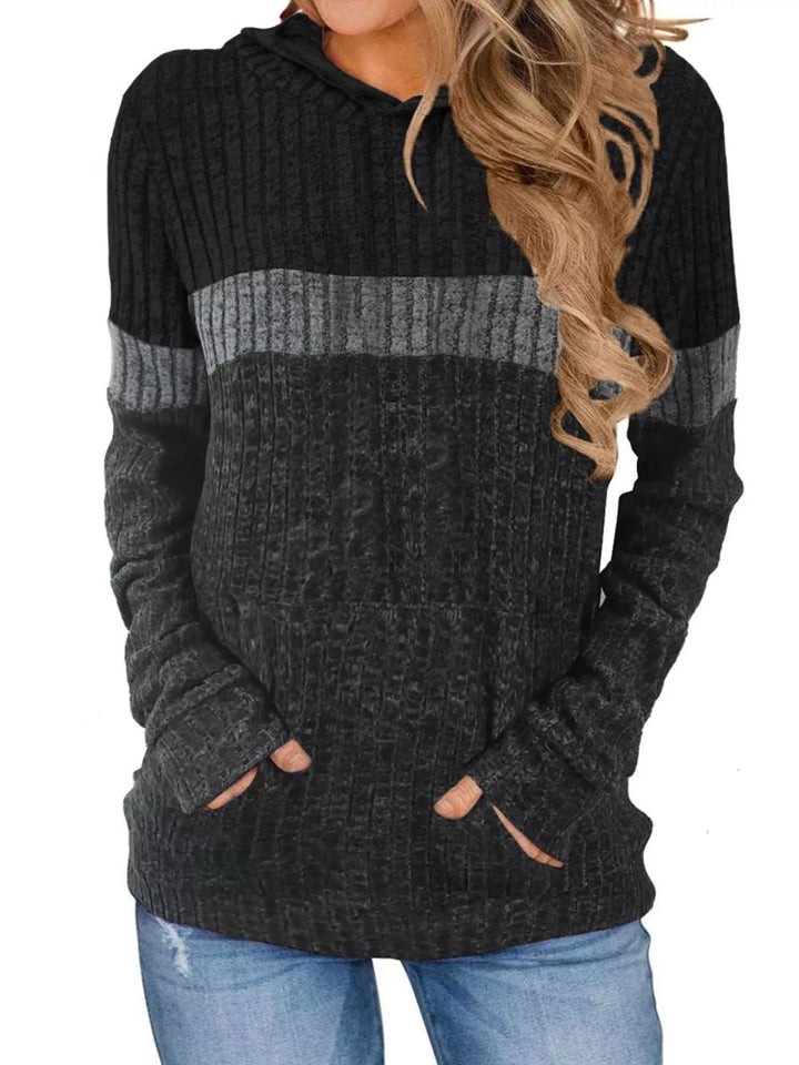 Black Color block ribbed knit hoodie with kangaroo pocket
