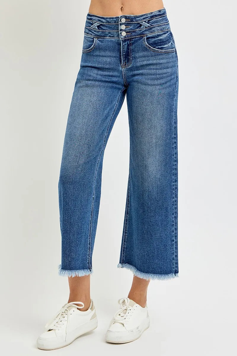 High-rise crop wide-leg jeans with crosshatch band and raw hem