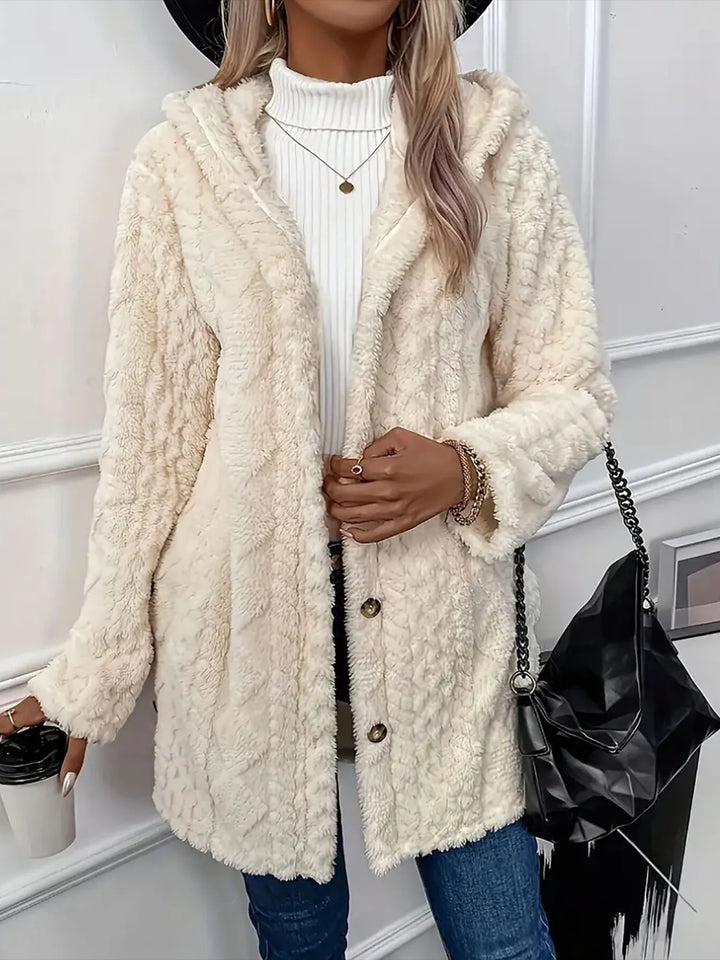 Textured faux fur teddy coat with button front