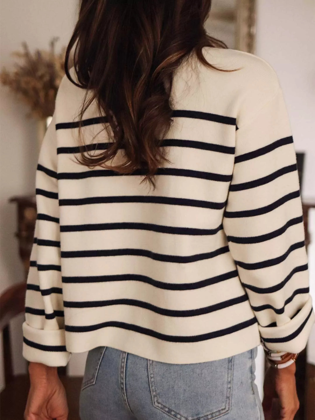 Striped knit cardigan with gold buttons and flap pockets