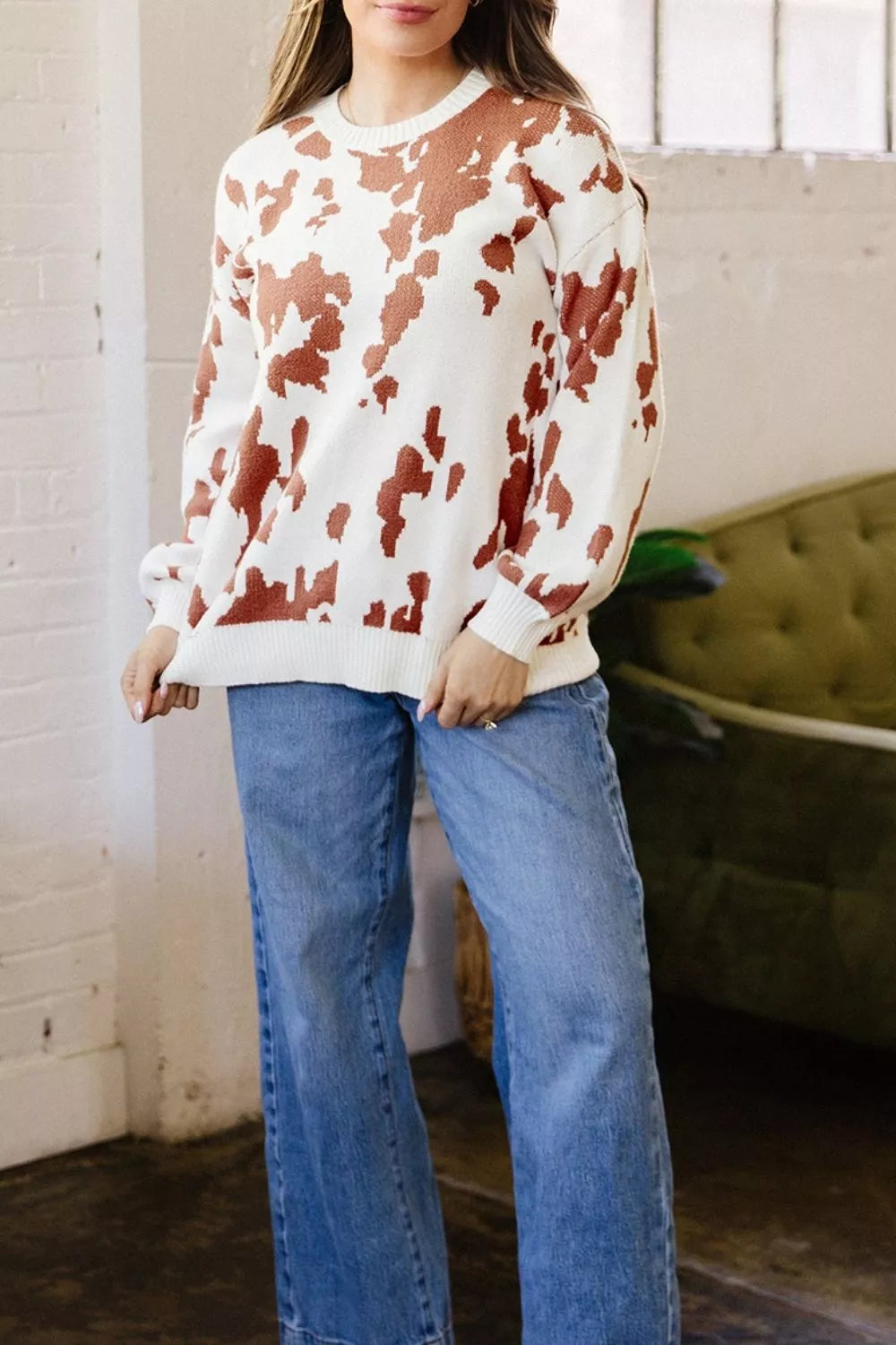 Cow print drop shoulder crewneck sweater