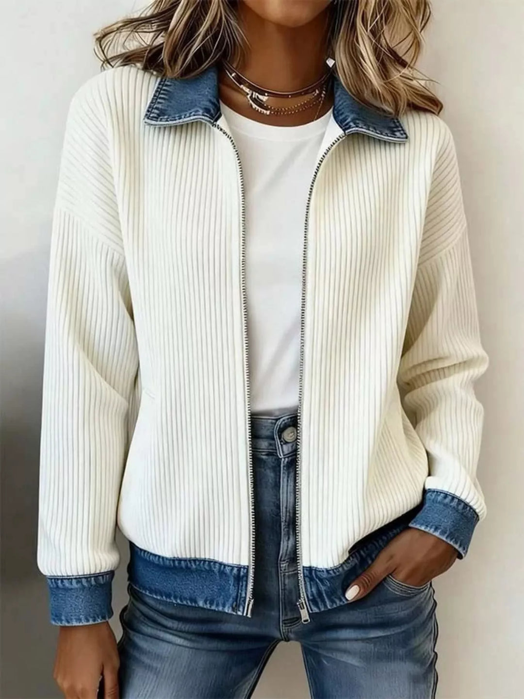 White Ribbed knit zip-up jacket with denim collar and cuffs
