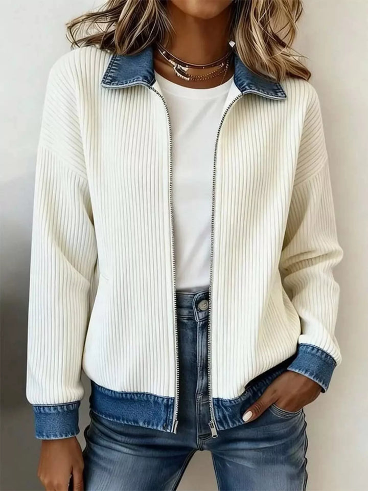 White Ribbed knit zip-up jacket with denim collar and cuffs