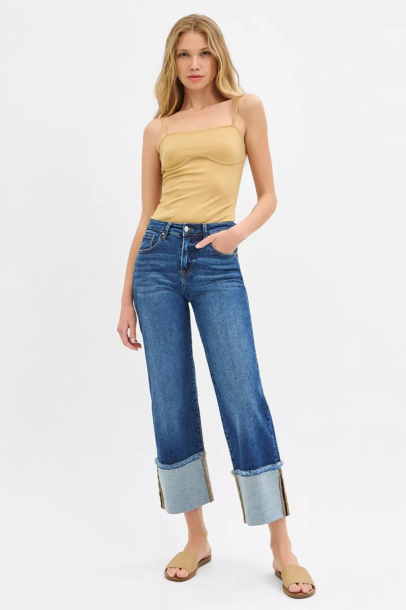 Mid-rise wide-leg crop jeans with raw-hem cuff