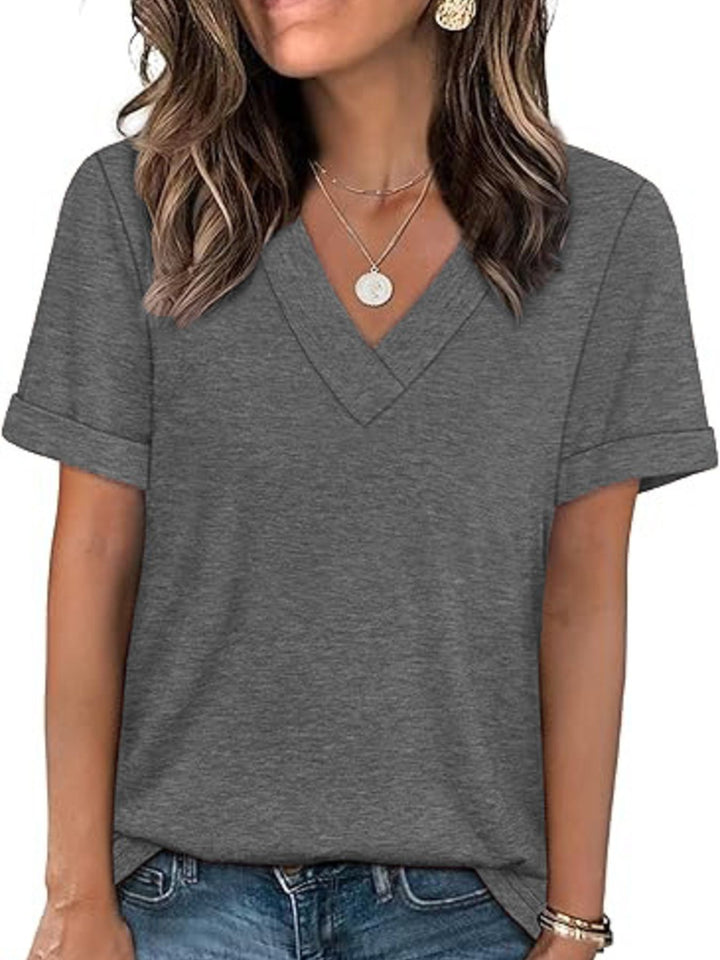 Relaxed V-neck short sleeve tee with rolled cuffs