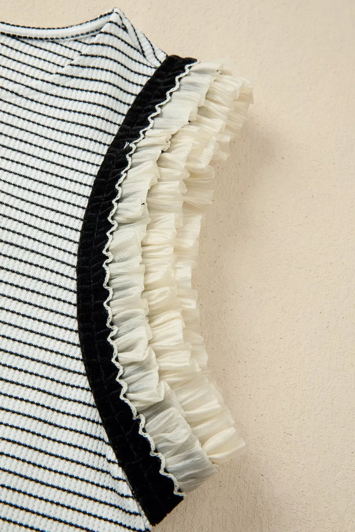 Striped tank top with ruffle shoulder trim