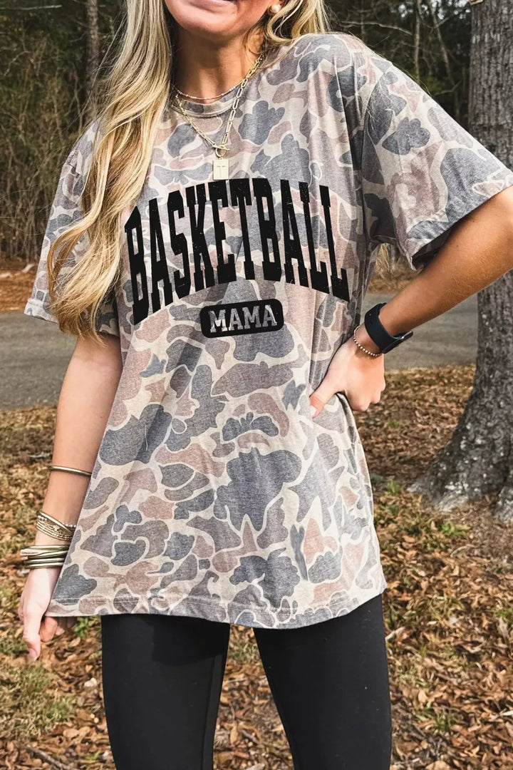 Basketball Mama camo print relaxed fit graphic tee