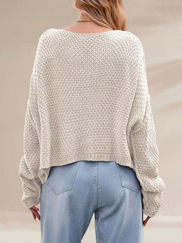 Cable knit drop shoulder sweater with boat neck