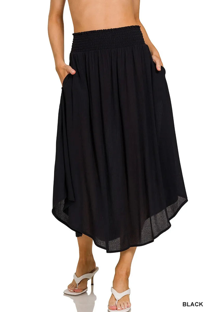 Crinkle rayon smocked waist high-low maxi skirt with pockets