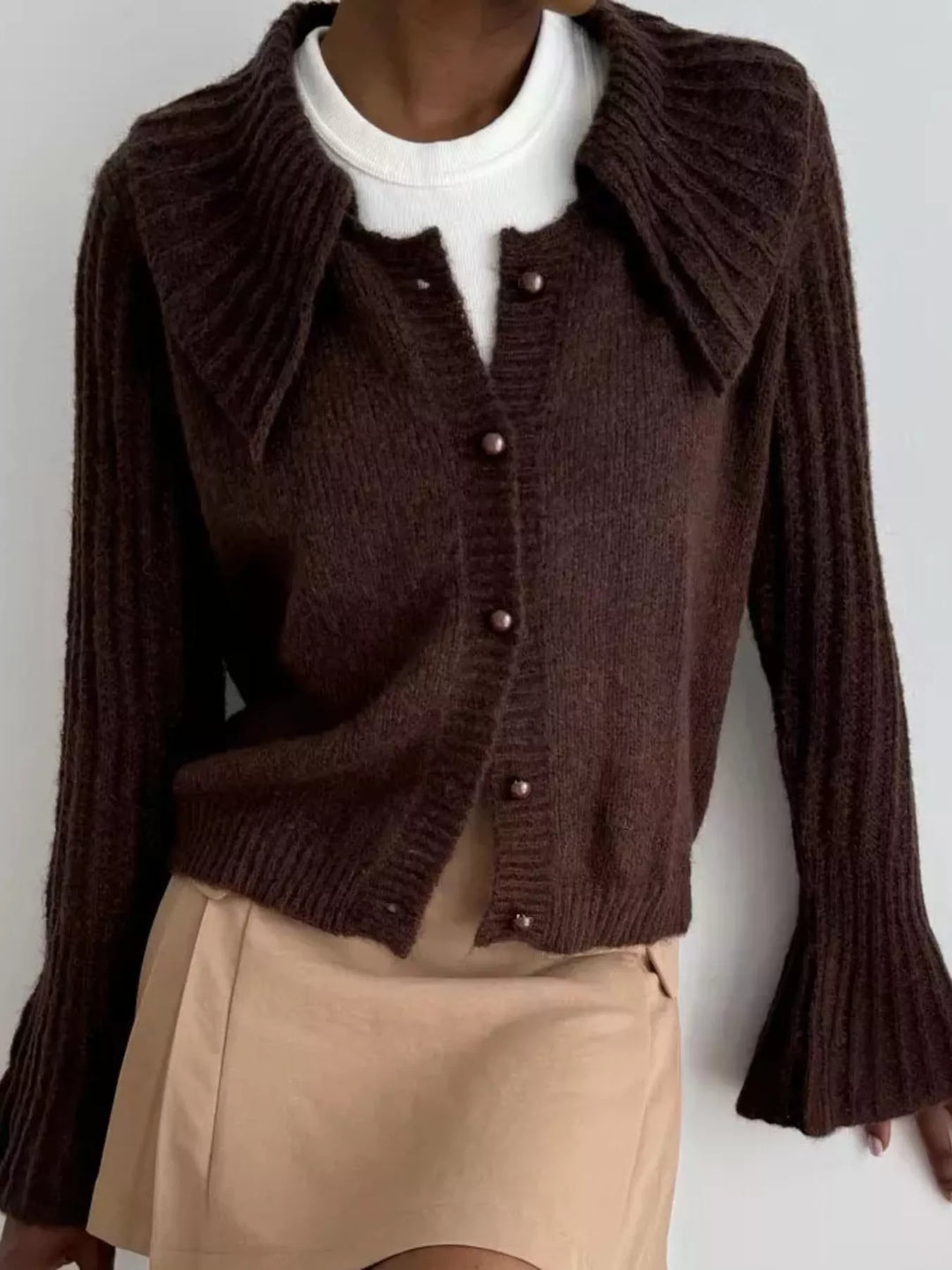 Chocolate Ribbed knit cardigan with oversized collar and bell sleeves