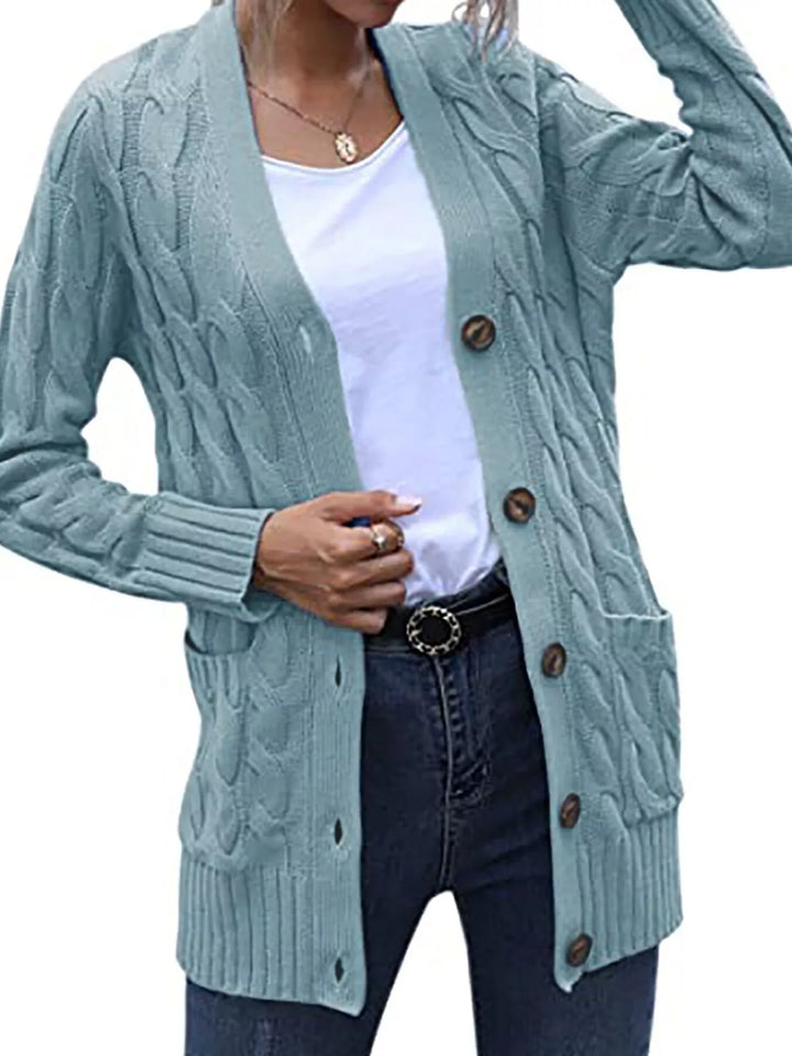 Light Blue Chunky cable knit button-down cardigan with pockets