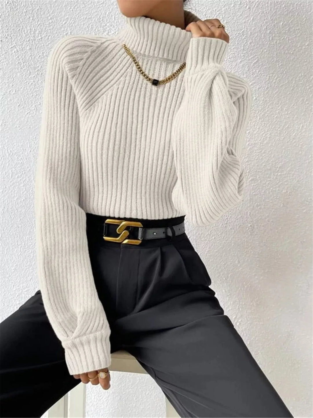 White Ribbed knit turtleneck sweater with fitted long sleeves