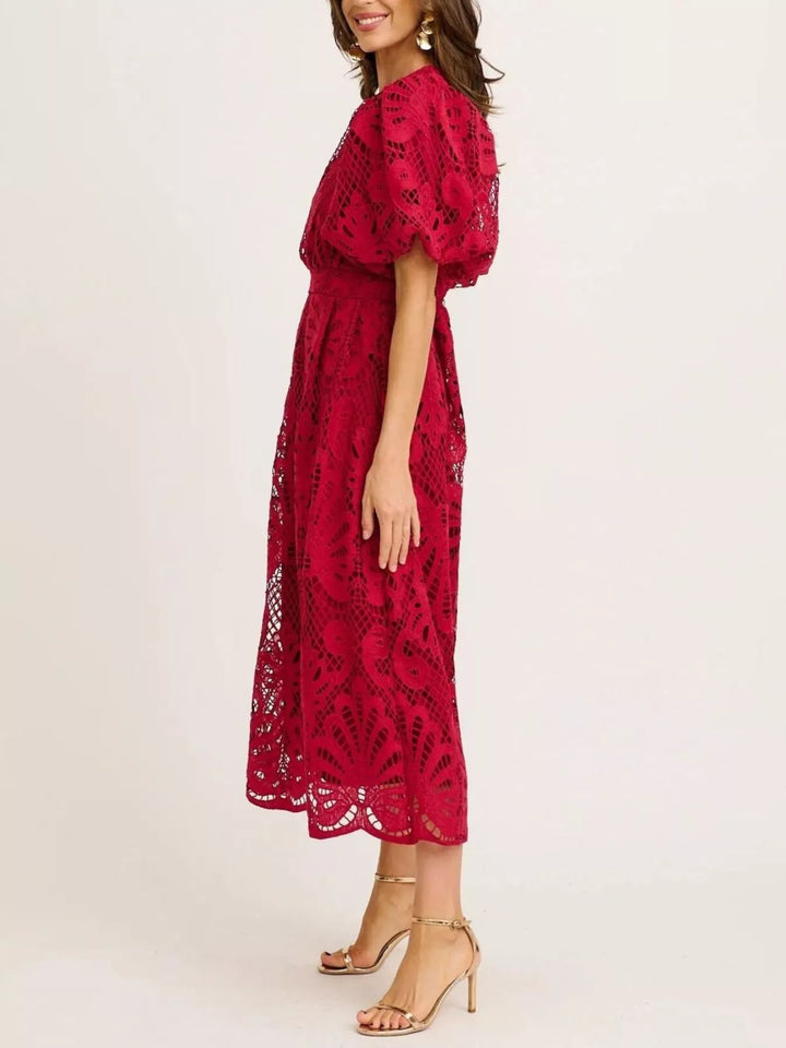 Crochet lace puff sleeve midi dress with scalloped hem