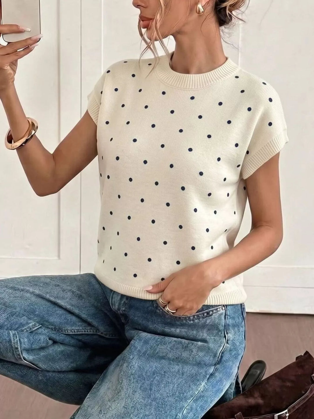 Polka dot short sleeve knit sweater with ribbed trim