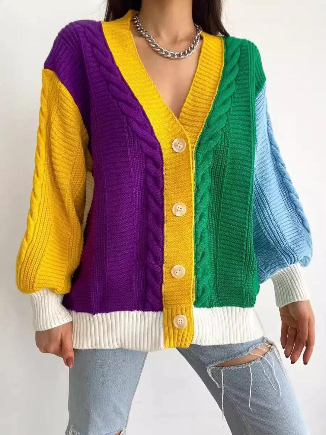 Color block cable-knit button-down cardigan