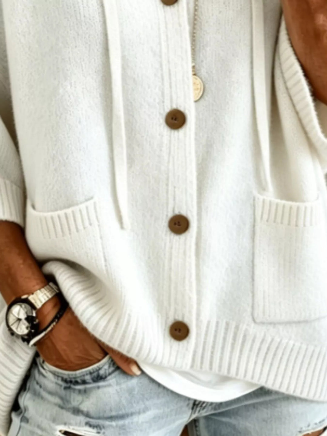 Hooded button-down knit cardigan with patch pockets