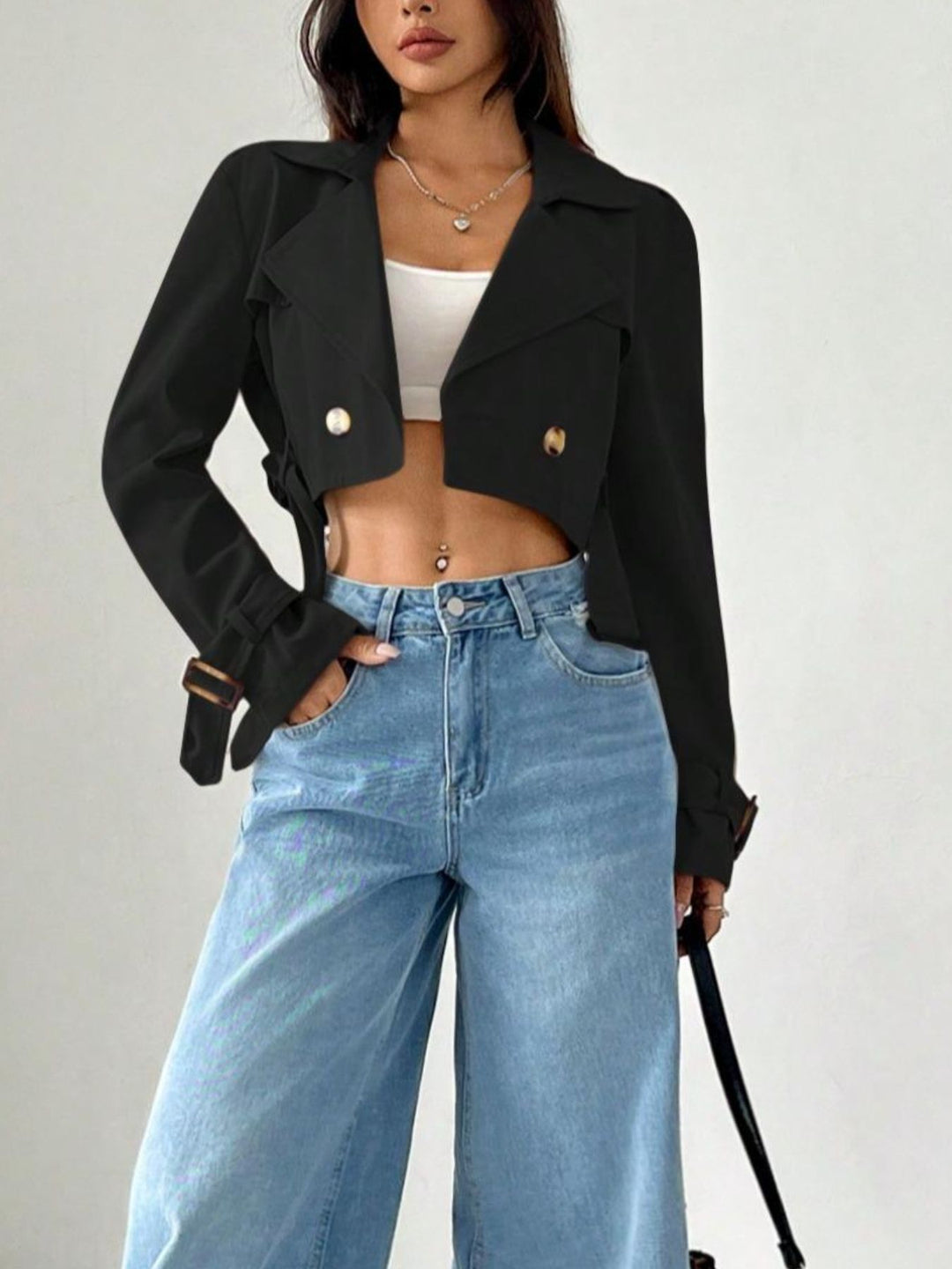 Cropped double-breasted trench jacket with belted cuffs