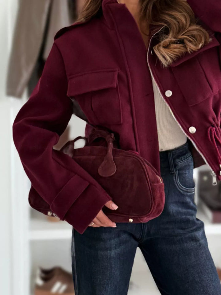Drawstring waist button-up cropped jacket