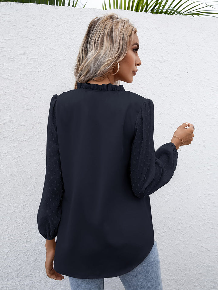 Swiss dot frill V-neck puff sleeve blouse