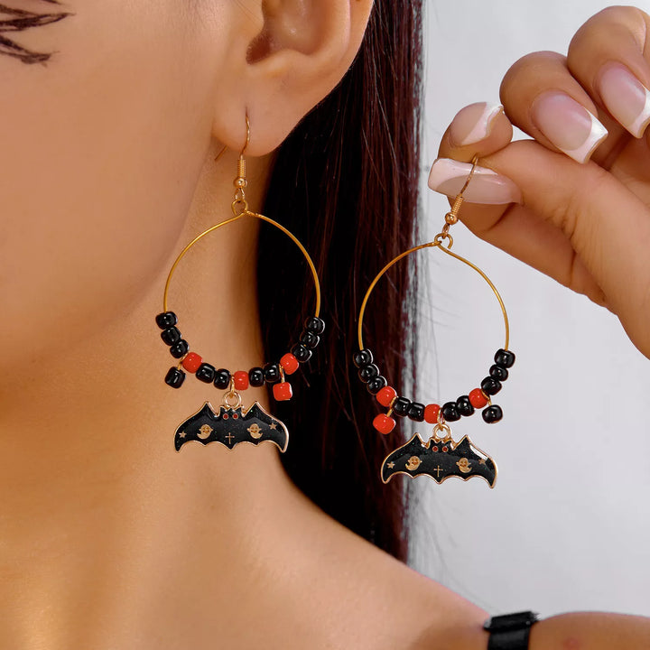 Black Beaded bat charm drop hoop earrings with ghost detail