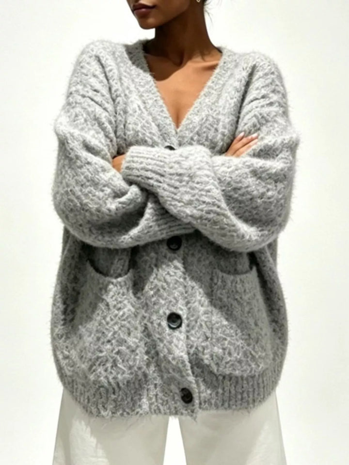 Fuzzy knit V-neck button-down cardigan with patch pockets