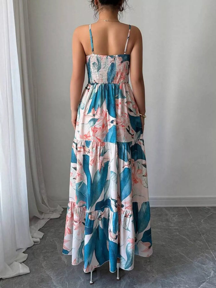 Floral print tiered maxi cami dress with tie front