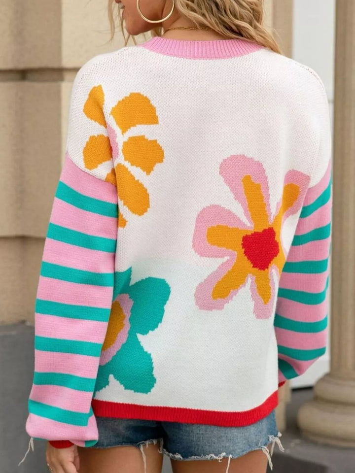 Mod floral crew neck sweater with striped sleeves