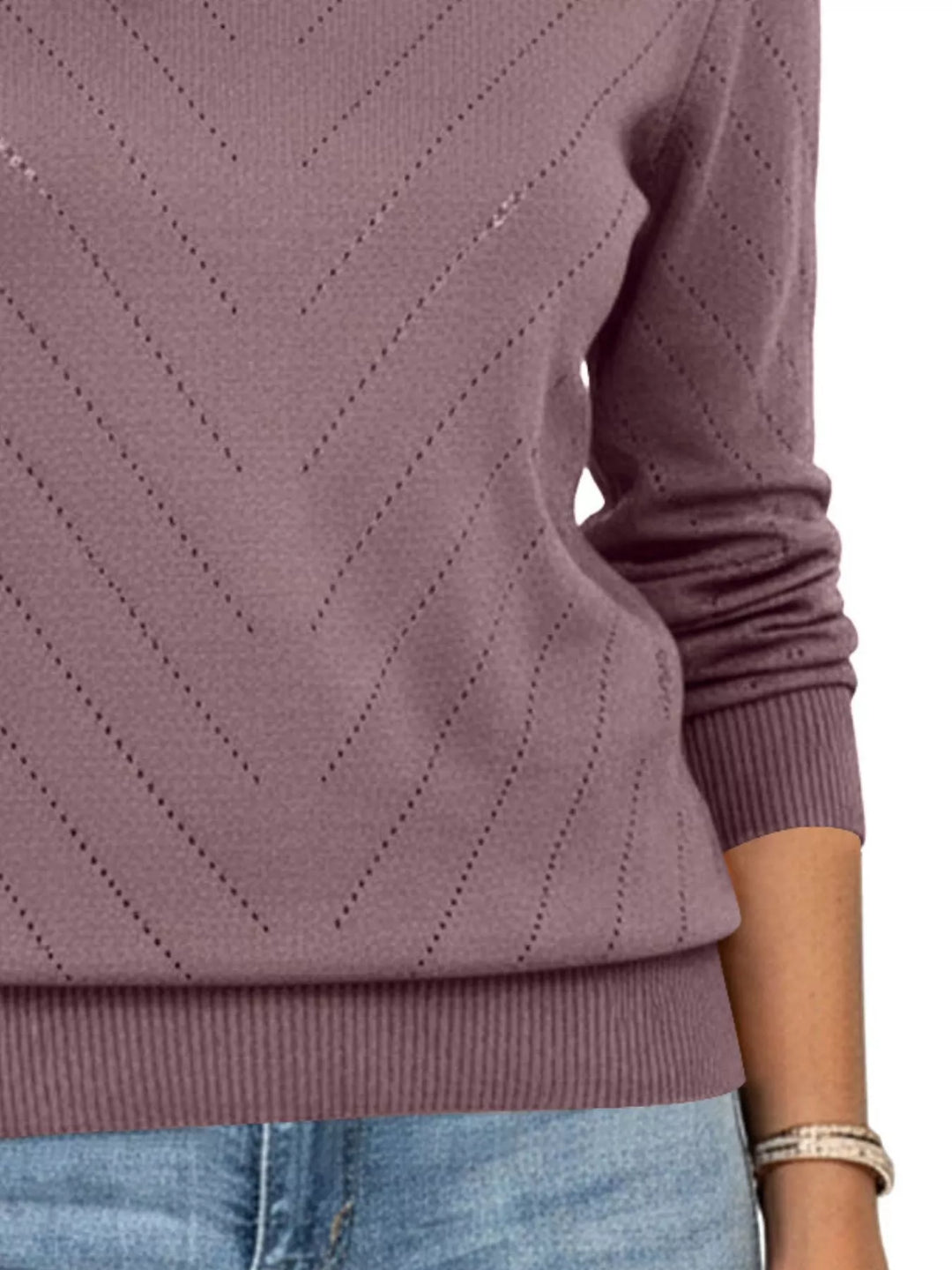Openwork chevron knit crew neck pullover sweater