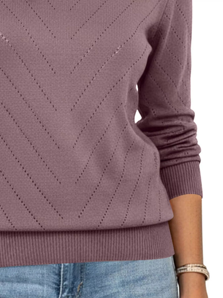 Openwork chevron knit crew neck pullover sweater