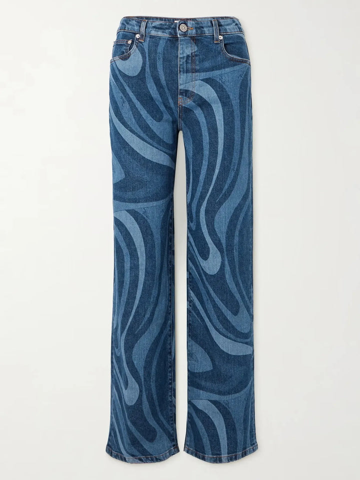 Blue High-rise water ripple print wide-leg jeans