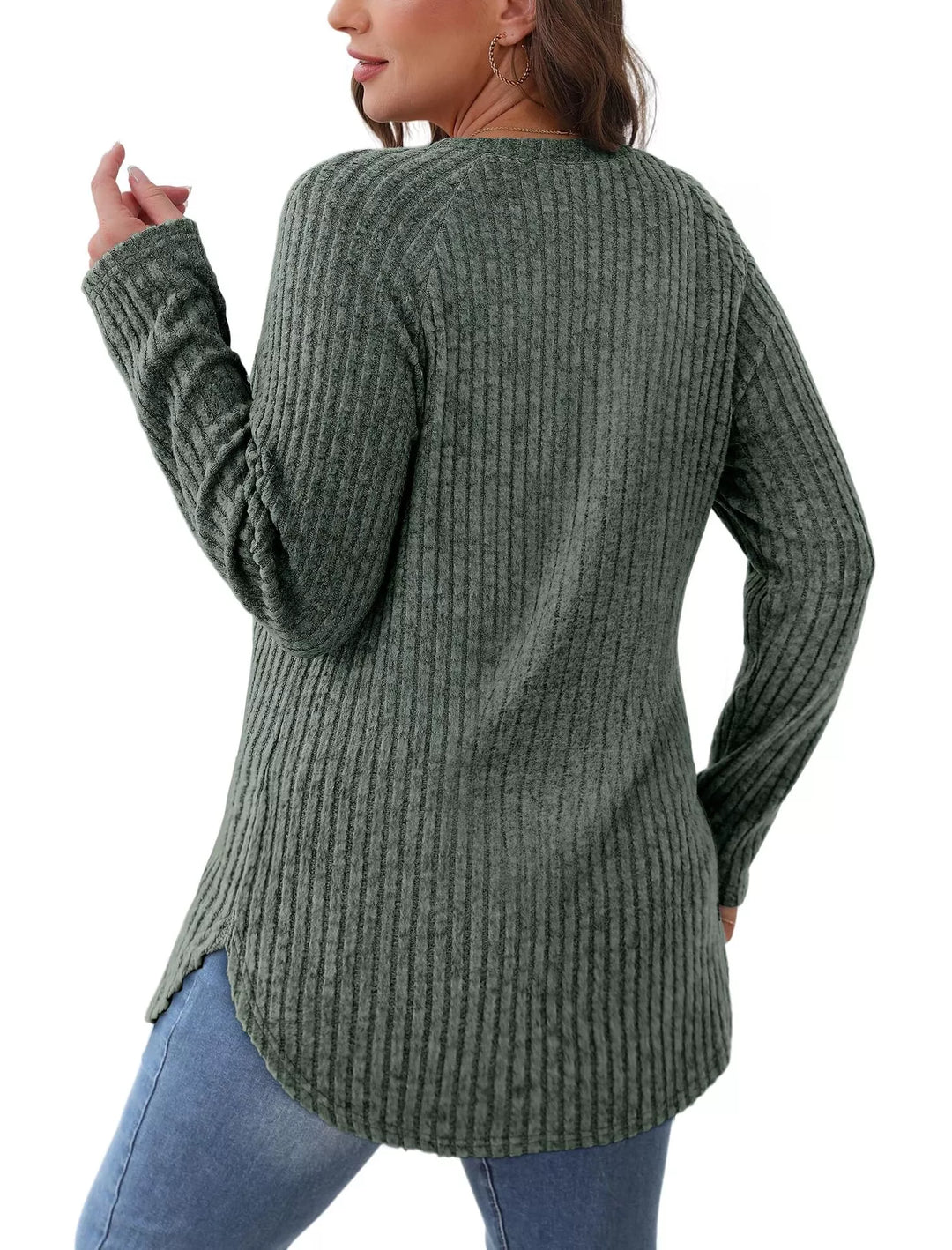 Ribbed knit crew neck long sleeve top with curved hem