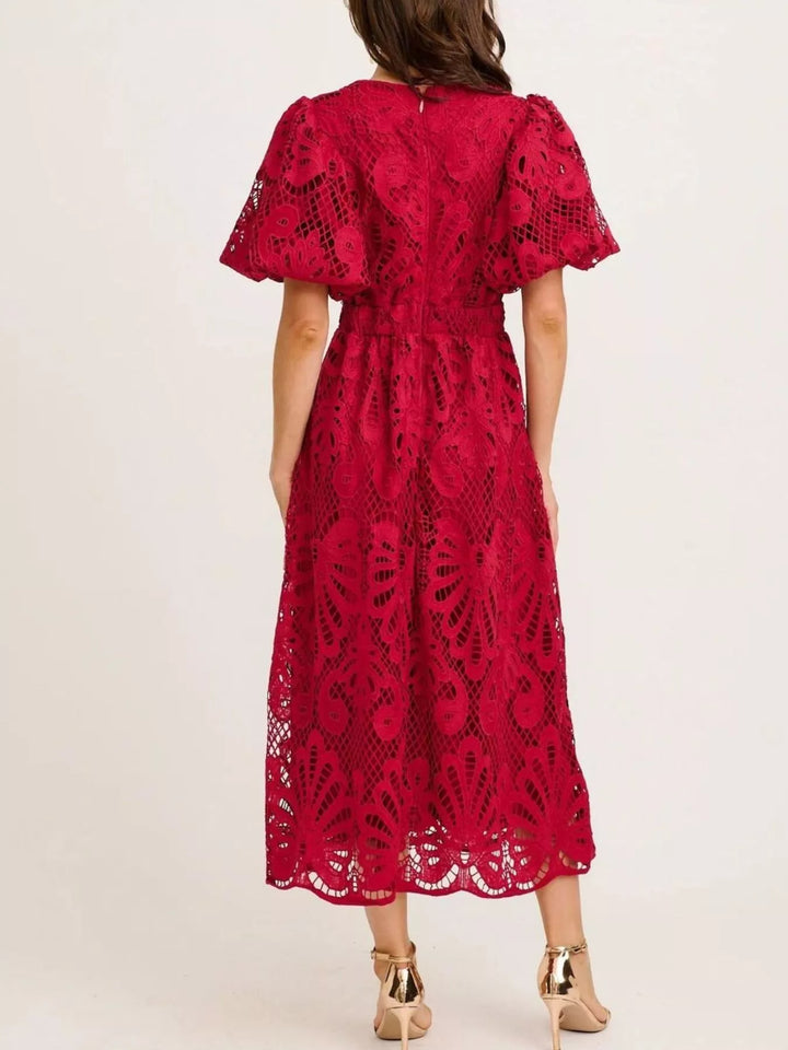 Crochet lace puff sleeve midi dress with scalloped hem