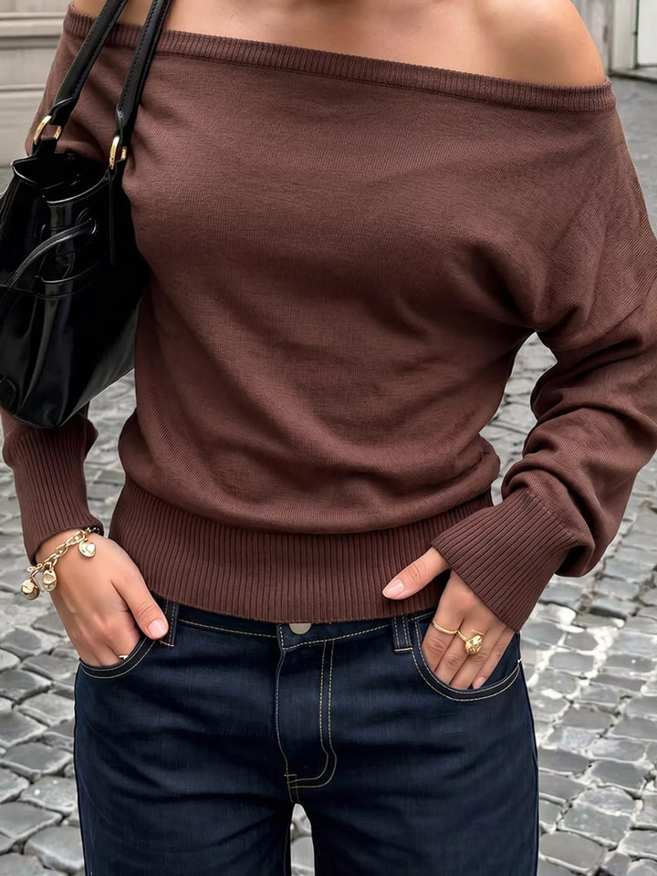 Brown Ribbed trim boat neck sweater with drop shoulders