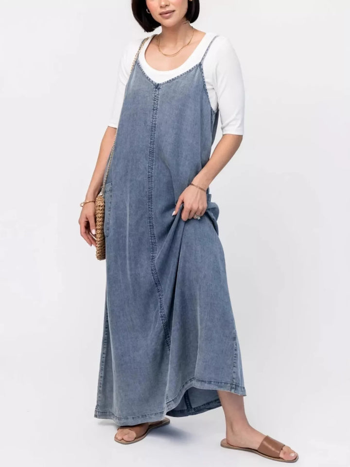 Blue Washed denim cami maxi dress with side pockets