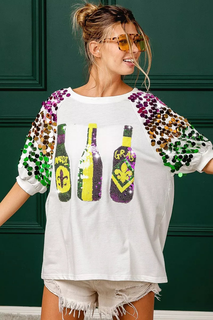 Sequin Mardi Gras bottles graphic tee with paillette sleeves