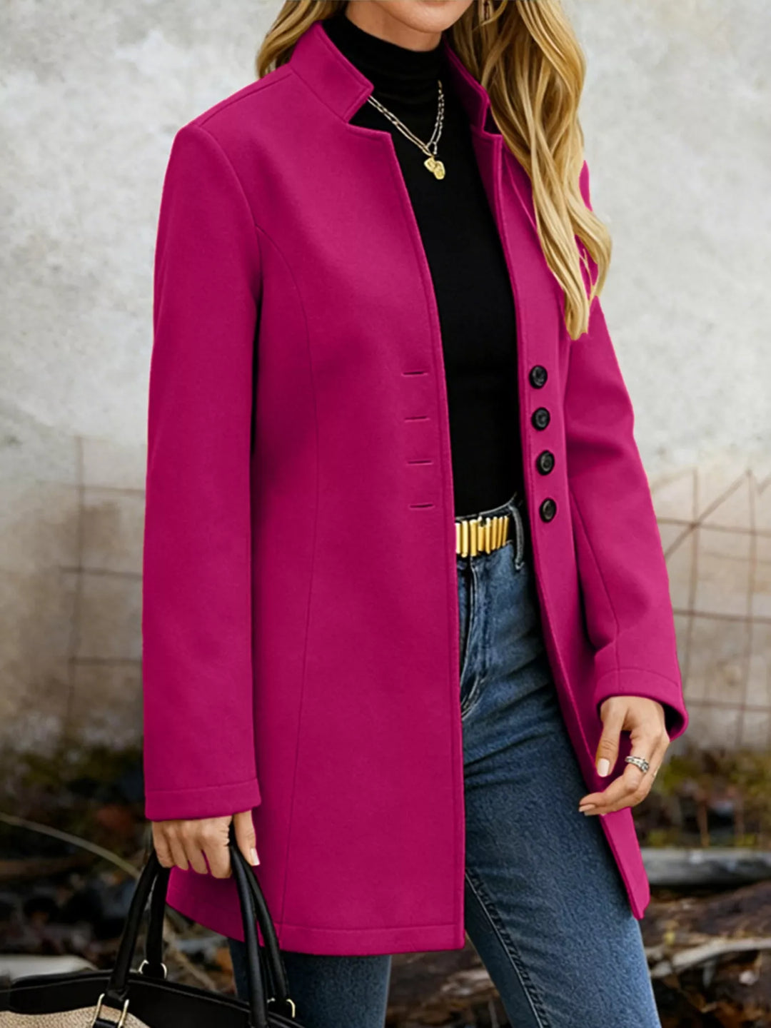Single-breasted stand-collar longline coat