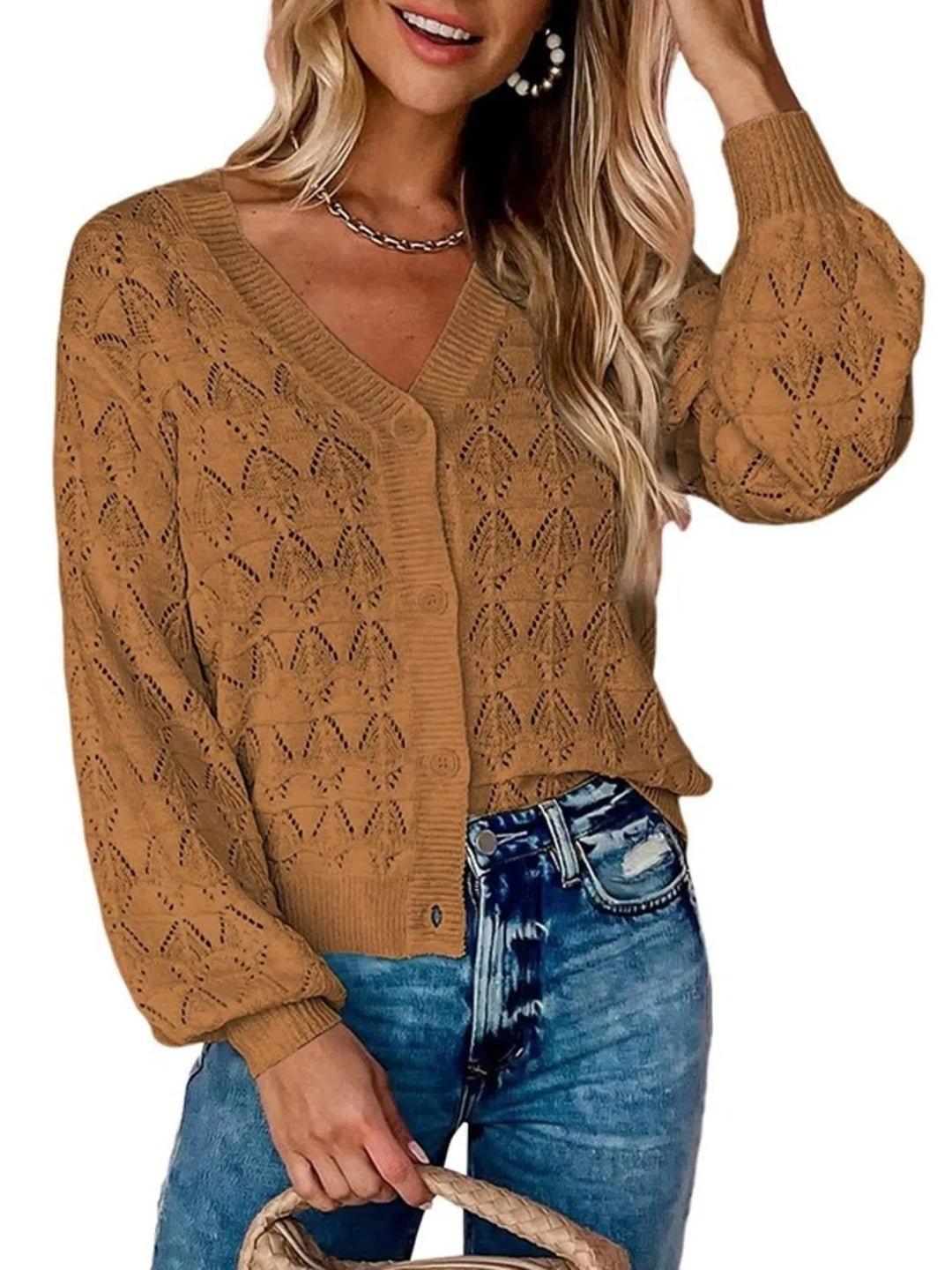 Brown Pointelle openwork V-neck button-down knit cardigan