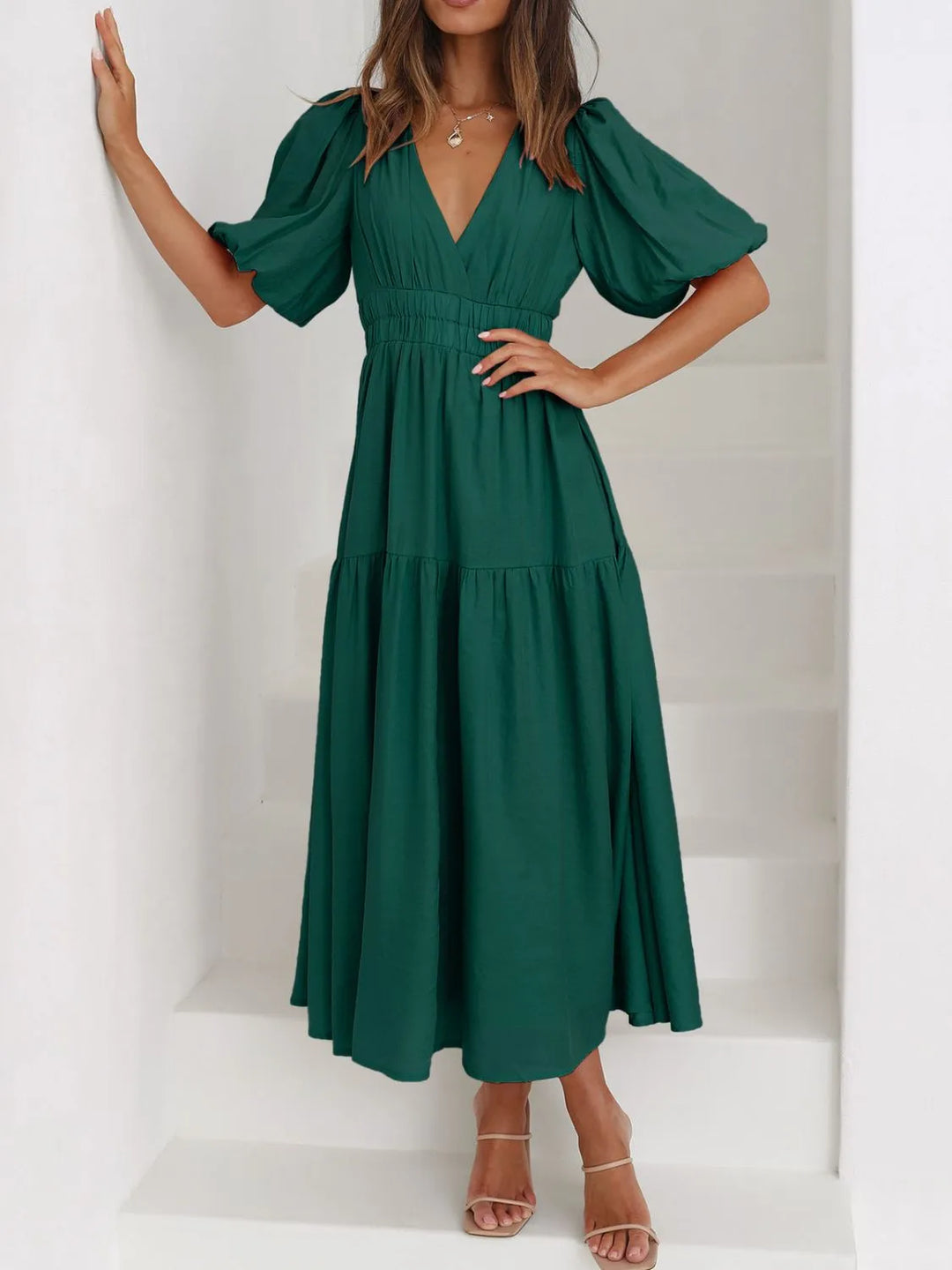 Dark Green Ruched waist puff sleeve v-neck tiered midi dress