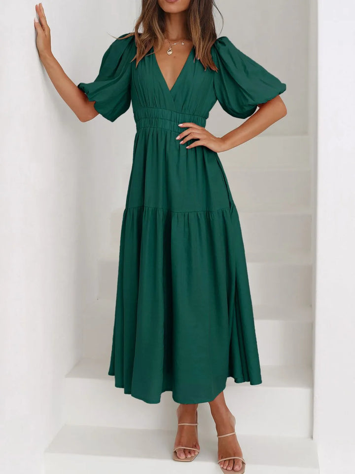 Dark Green Ruched waist puff sleeve v-neck tiered midi dress