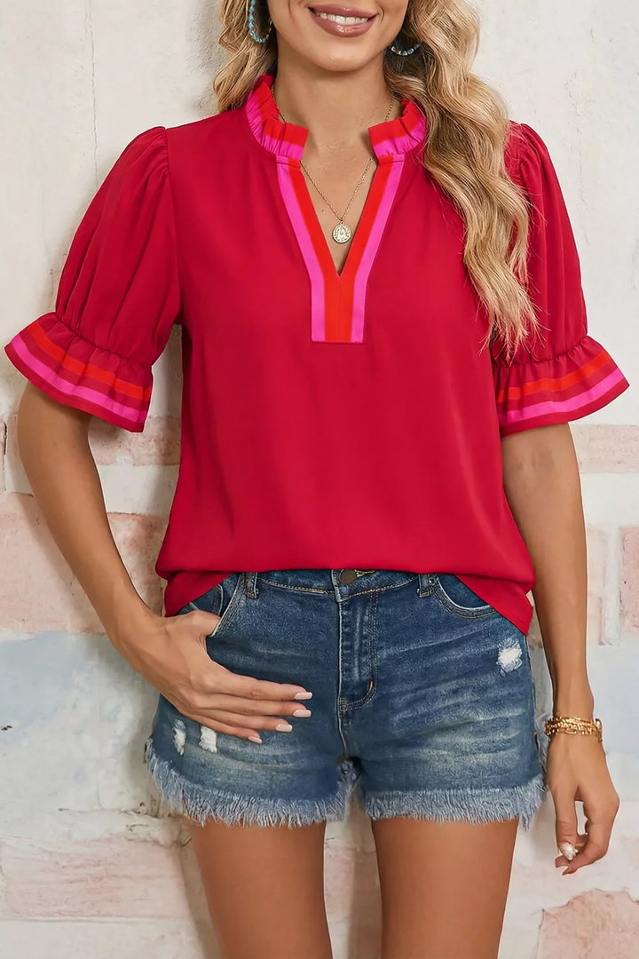 Scarlet Puff sleeve notched blouse with striped ruffle cuffs