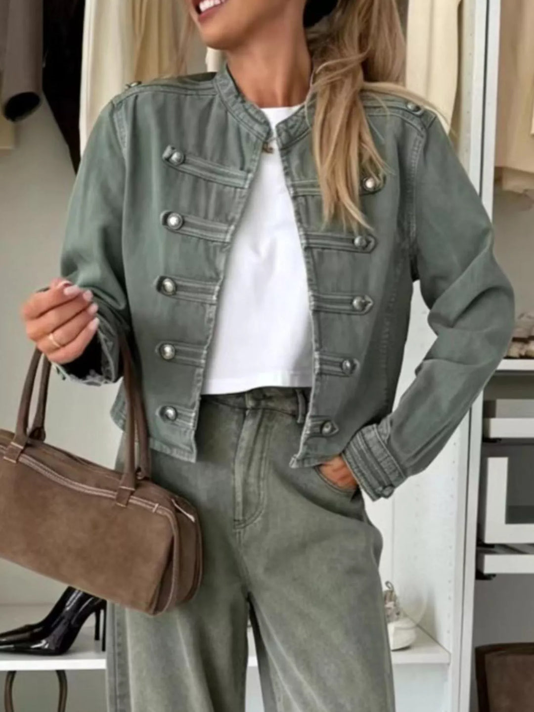 Green Cropped denim military jacket with dome buttons
