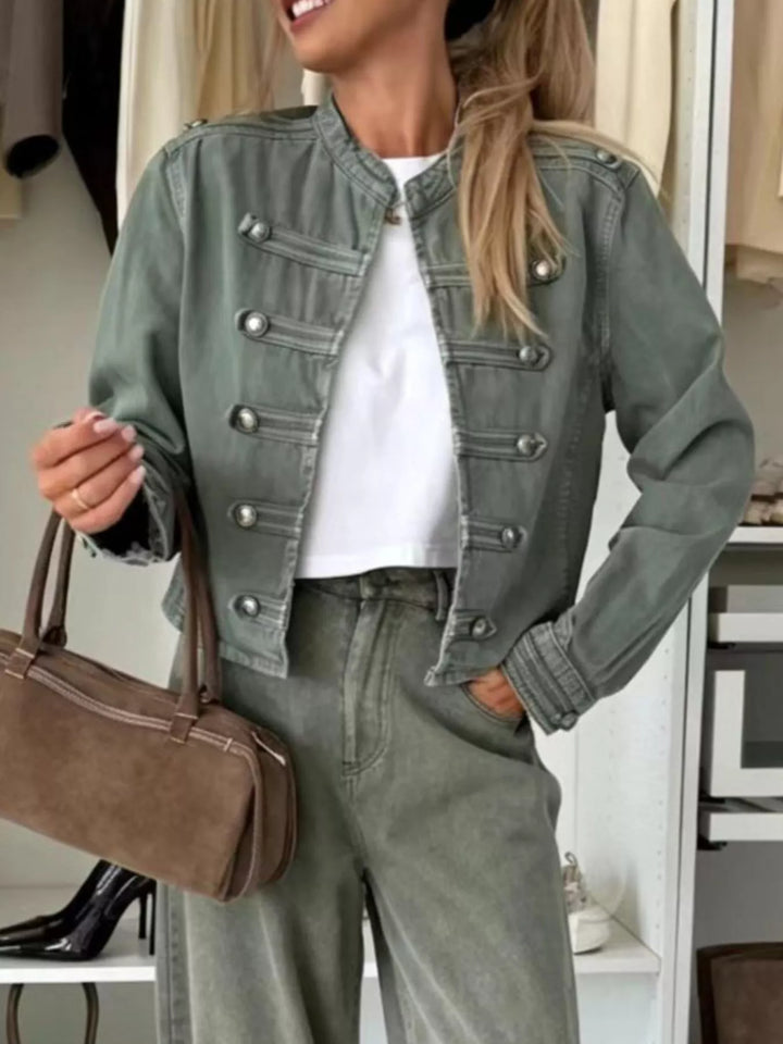 Green Cropped denim military jacket with dome buttons