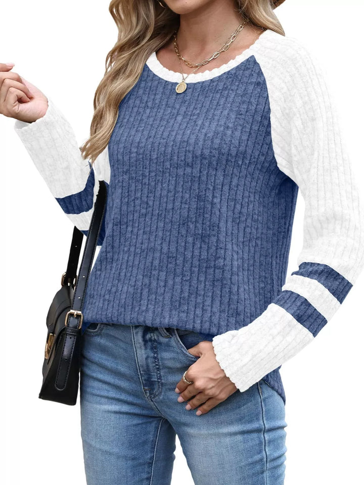 Ribbed knit raglan long sleeve top with varsity stripe sleeves