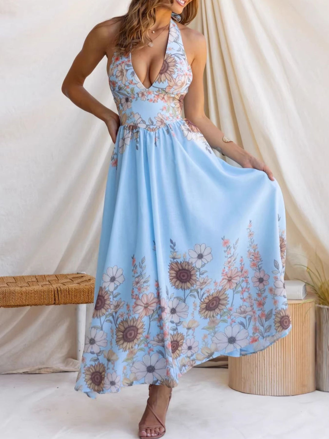 Sunflower print halter maxi dress with plunge neckline