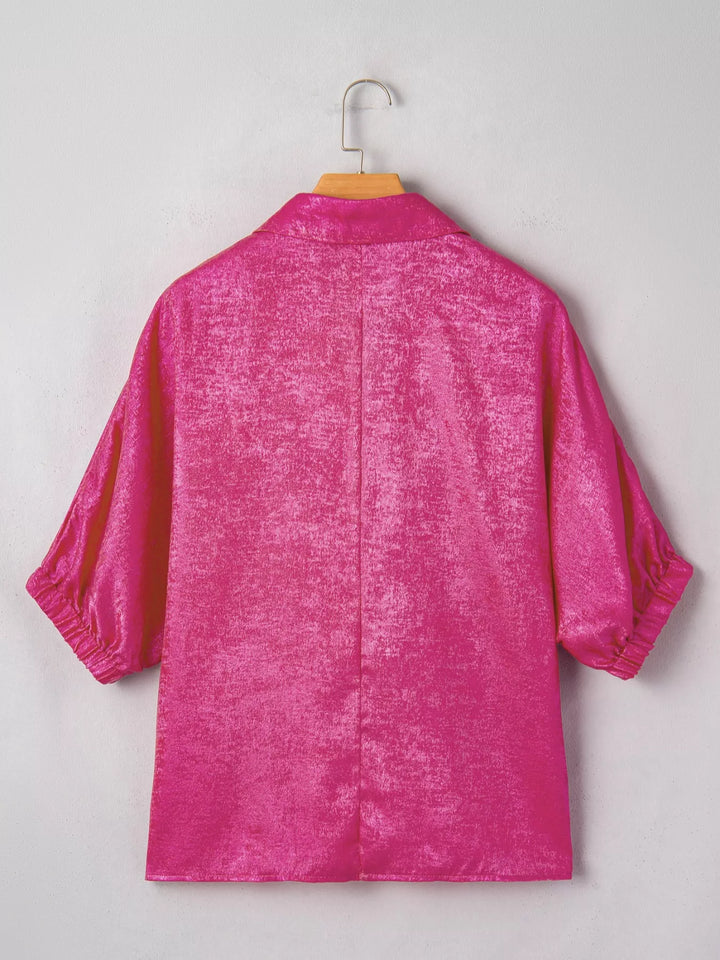 Metallic collared V-neck top with elastic cuff half sleeves