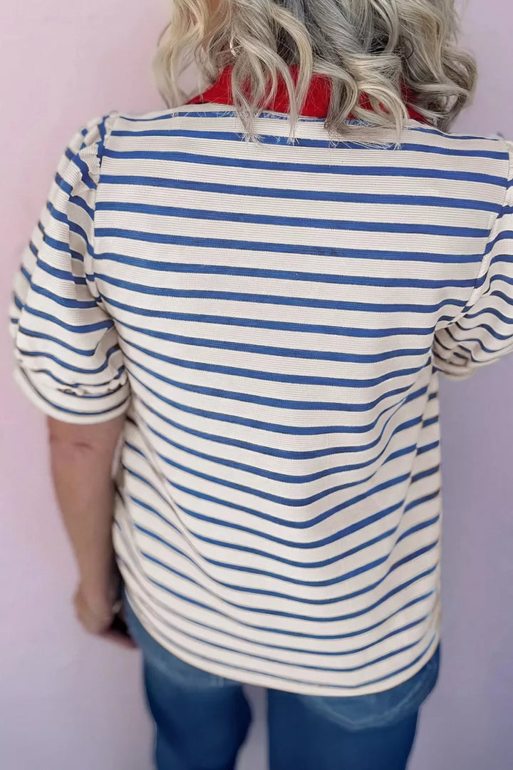 Striped polo top with contrast collar and scalloped hem