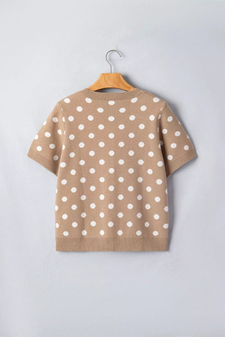 Polka dot short sleeve button-down knit cardigan