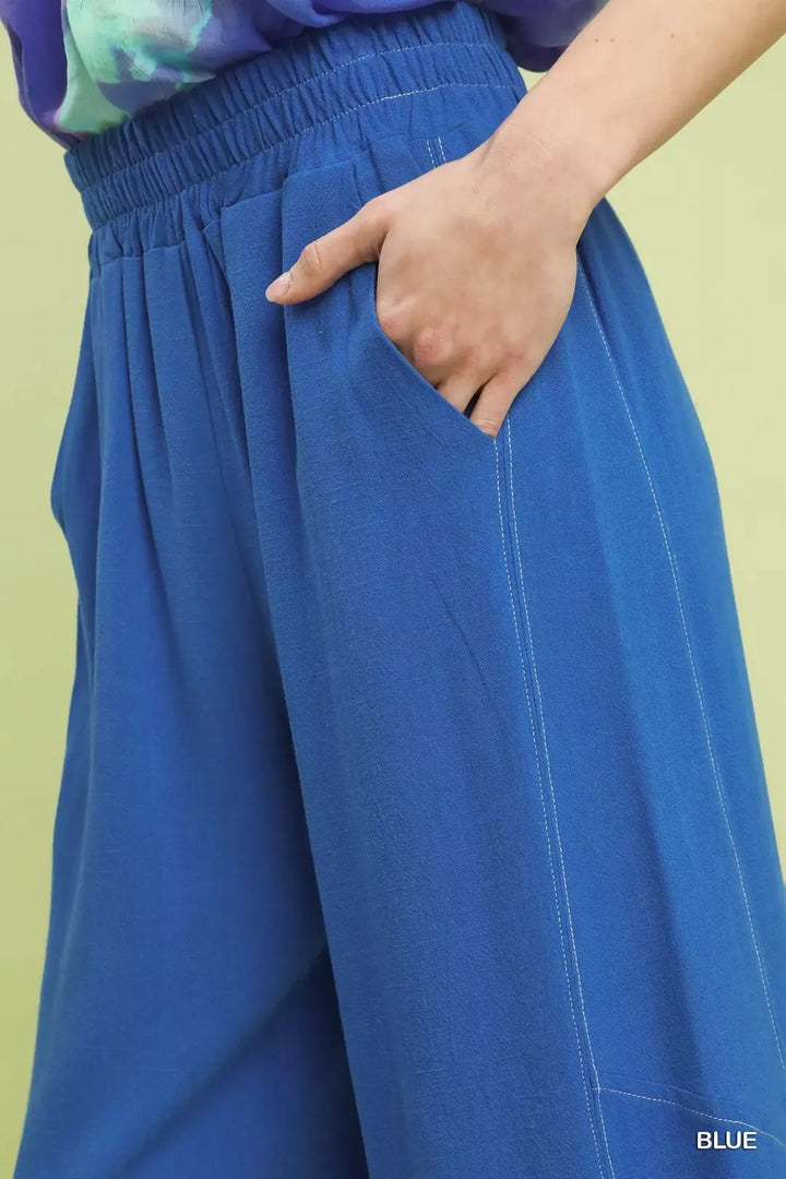 Linen blend wide-leg pants with elastic waist and side pockets