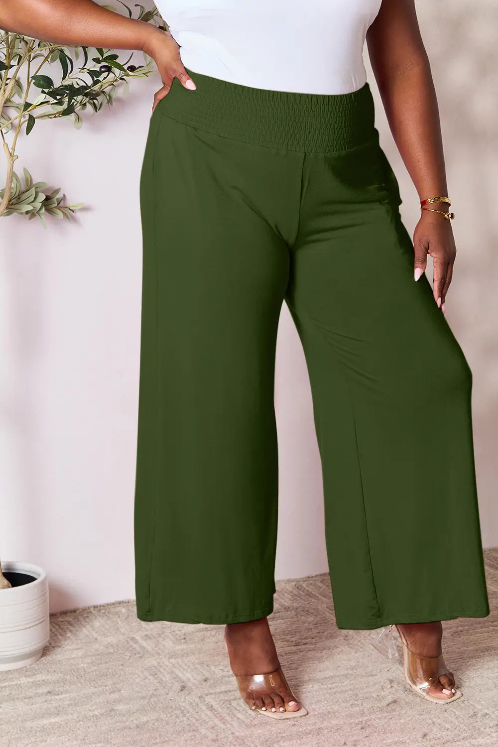 Smocked wide-waistband wide-leg jersey pants with pockets