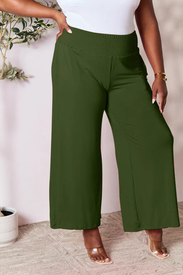 Smocked wide-waistband wide-leg jersey pants with pockets